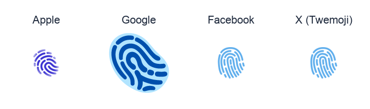 Fingerprint emoji artwork compared side by side for Apple, Google Noto, Facebook, and X Twemoji styles on white.