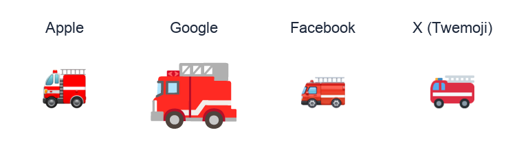 Fire Engine emoji artwork compared side by side for Apple, Google Noto, Facebook, and X Twemoji styles on white.