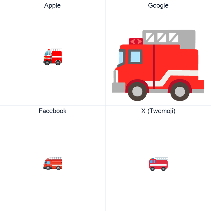 Fire Engine emoji in a square grid: Apple and Google on the top row, Facebook and X Twemoji on the bottom, on white.