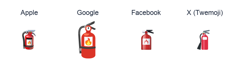Fire Extinguisher emoji artwork compared side by side for Apple, Google Noto, Facebook, and X Twemoji styles on white.