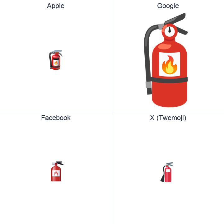 Fire Extinguisher emoji in a square grid: Apple and Google on the top row, Facebook and X Twemoji on the bottom, on white.