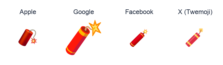 Firecracker emoji artwork compared side by side for Apple, Google Noto, Facebook, and X Twemoji styles on white.