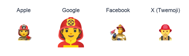 Firefighter emoji artwork compared side by side for Apple, Google Noto, Facebook, and X Twemoji styles on white.