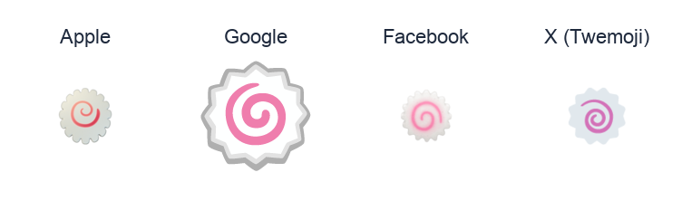 Fish Cake With Swirl Design emoji artwork compared side by side for Apple, Google Noto, Facebook, and X Twemoji styles on white.