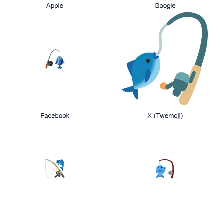 Fishing Pole And Fish emoji in a square grid: Apple and Google on the top row, Facebook and X Twemoji on the bottom, on white.