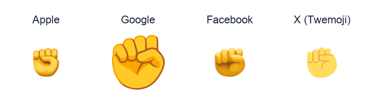 Raised Fist emoji artwork compared side by side for Apple, Google Noto, Facebook, and X Twemoji styles on white.