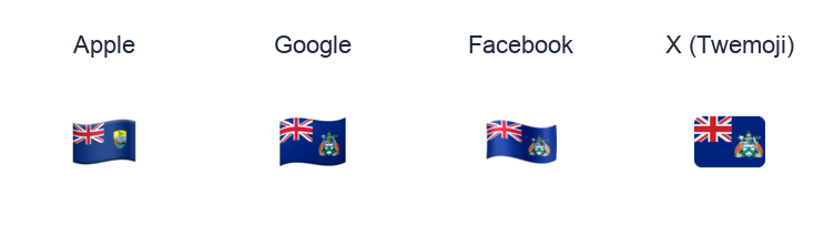 Ascension Island Flag emoji artwork compared side by side for Apple, Google Noto, Facebook, and X Twemoji styles on white.