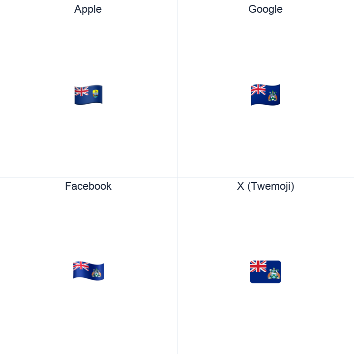 Ascension Island Flag emoji in a square grid: Apple and Google on the top row, Facebook and X Twemoji on the bottom, on white.