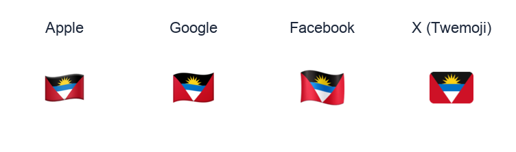 Antigua & Barbuda Flag emoji artwork compared side by side for Apple, Google Noto, Facebook, and X Twemoji styles on white.