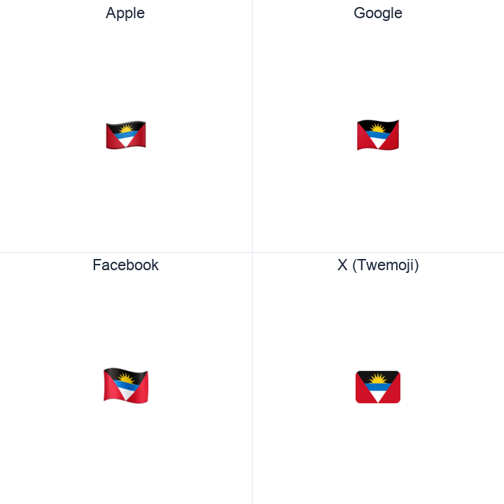 Antigua & Barbuda Flag emoji in a square grid: Apple and Google on the top row, Facebook and X Twemoji on the bottom, on white.
