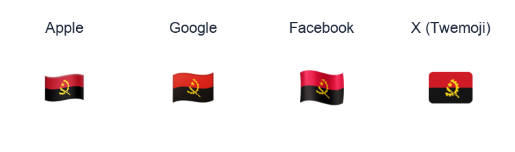 Angola Flag emoji artwork compared side by side for Apple, Google Noto, Facebook, and X Twemoji styles on white.