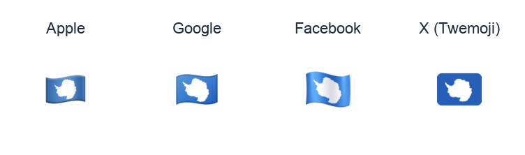 Antarctica Flag emoji artwork compared side by side for Apple, Google Noto, Facebook, and X Twemoji styles on white.