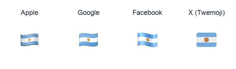 Argentina Flag emoji artwork compared side by side for Apple, Google Noto, Facebook, and X Twemoji styles on white.
