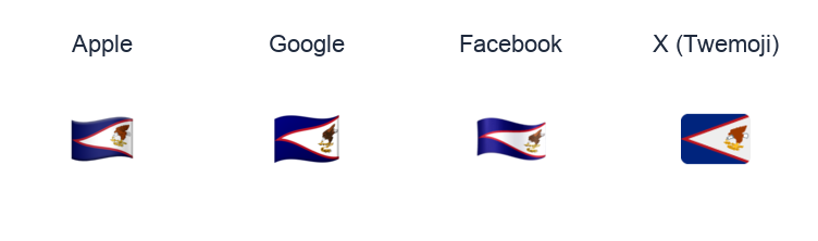 American Samoa Flag emoji artwork compared side by side for Apple, Google Noto, Facebook, and X Twemoji styles on white.