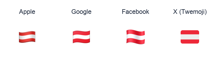 Austria Flag emoji artwork compared side by side for Apple, Google Noto, Facebook, and X Twemoji styles on white.