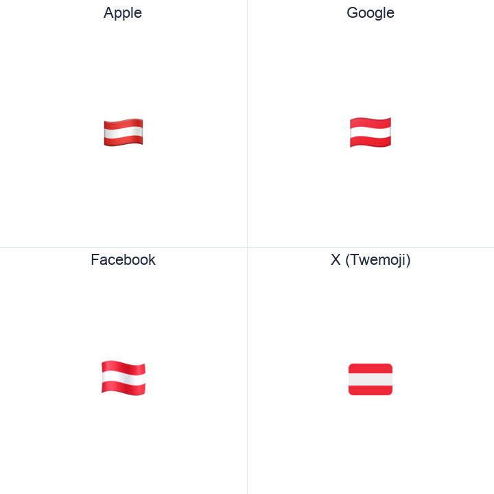 Austria Flag emoji in a square grid: Apple and Google on the top row, Facebook and X Twemoji on the bottom, on white.