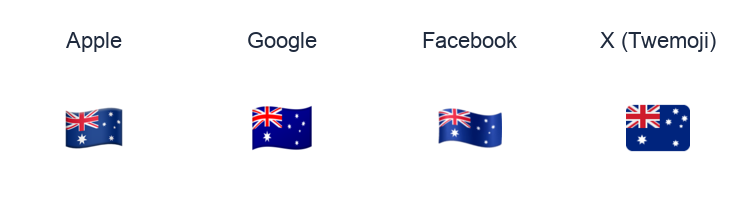 Australia Flag emoji artwork compared side by side for Apple, Google Noto, Facebook, and X Twemoji styles on white.