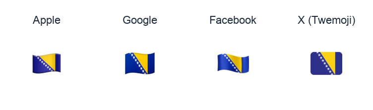 Bosnia & Herzegovina Flag emoji artwork compared side by side for Apple, Google Noto, Facebook, and X Twemoji styles on white.