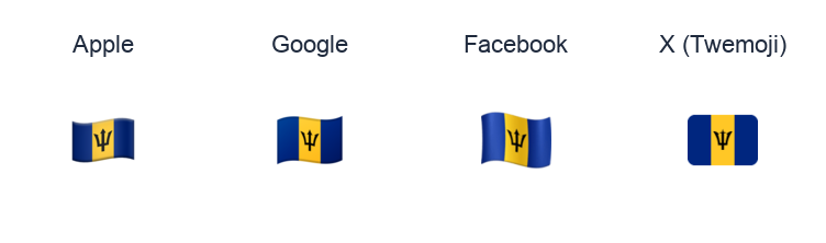 Barbados Flag emoji artwork compared side by side for Apple, Google Noto, Facebook, and X Twemoji styles on white.