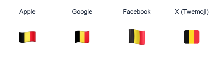 Belgium Flag emoji artwork compared side by side for Apple, Google Noto, Facebook, and X Twemoji styles on white.