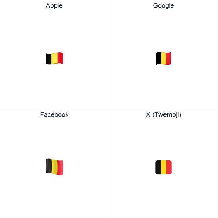 Belgium Flag emoji in a square grid: Apple and Google on the top row, Facebook and X Twemoji on the bottom, on white.