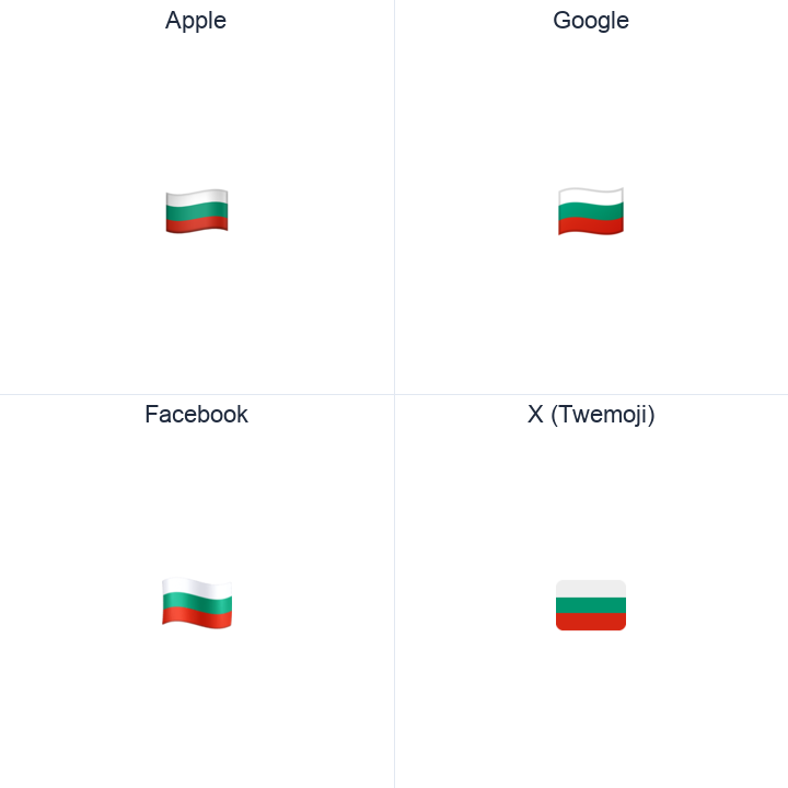 Bulgaria Flag emoji in a square grid: Apple and Google on the top row, Facebook and X Twemoji on the bottom, on white.