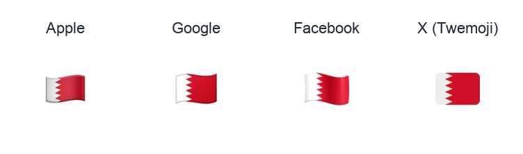 Bahrain Flag emoji artwork compared side by side for Apple, Google Noto, Facebook, and X Twemoji styles on white.