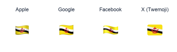 Brunei Flag emoji artwork compared side by side for Apple, Google Noto, Facebook, and X Twemoji styles on white.