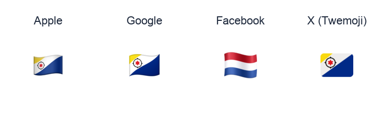 Caribbean Netherlands Flag emoji artwork compared side by side for Apple, Google Noto, Facebook, and X Twemoji styles on white.