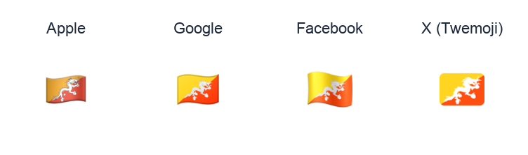 Bhutan Flag emoji artwork compared side by side for Apple, Google Noto, Facebook, and X Twemoji styles on white.