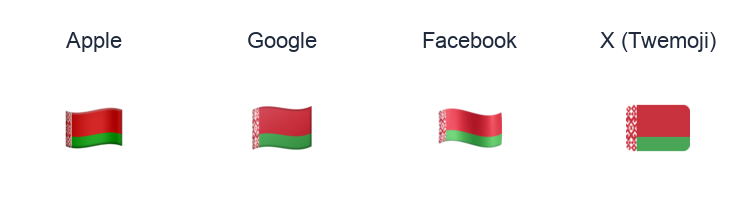 Belarus Flag emoji artwork compared side by side for Apple, Google Noto, Facebook, and X Twemoji styles on white.