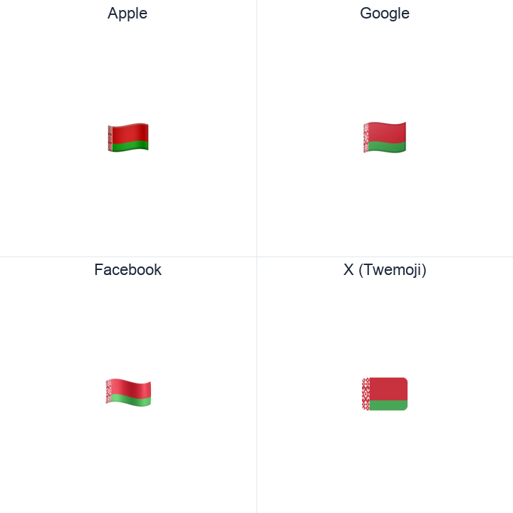 Belarus Flag emoji in a square grid: Apple and Google on the top row, Facebook and X Twemoji on the bottom, on white.