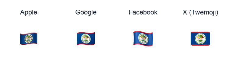 Belize Flag emoji artwork compared side by side for Apple, Google Noto, Facebook, and X Twemoji styles on white.