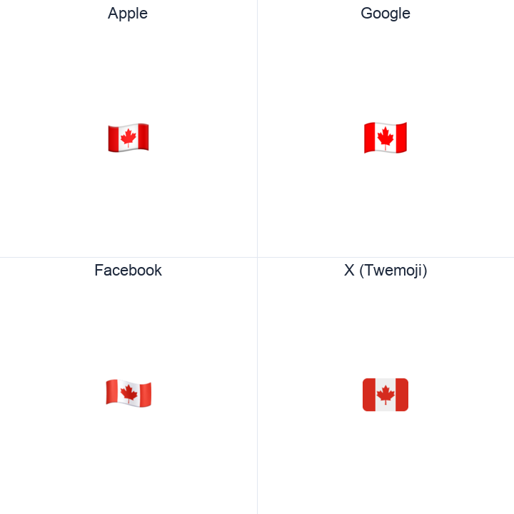 Canada Flag emoji in a square grid: Apple and Google on the top row, Facebook and X Twemoji on the bottom, on white.