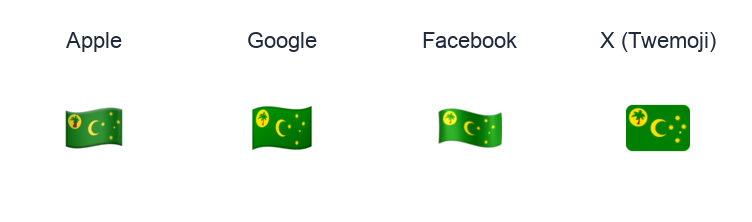 Cocos (Keeling) Islands Flag emoji artwork compared side by side for Apple, Google Noto, Facebook, and X Twemoji styles on white.