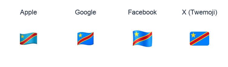 Congo - Kinshasa Flag emoji artwork compared side by side for Apple, Google Noto, Facebook, and X Twemoji styles on white.