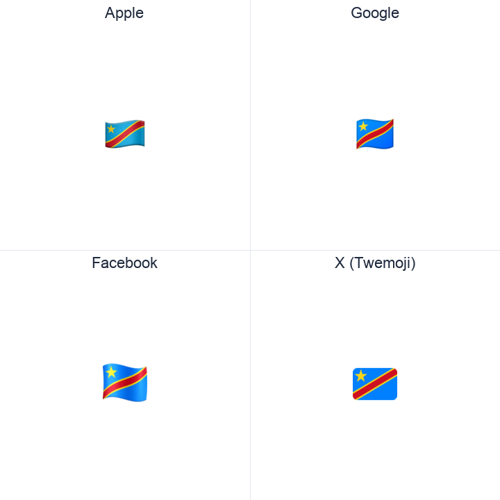 Congo - Kinshasa Flag emoji in a square grid: Apple and Google on the top row, Facebook and X Twemoji on the bottom, on white.