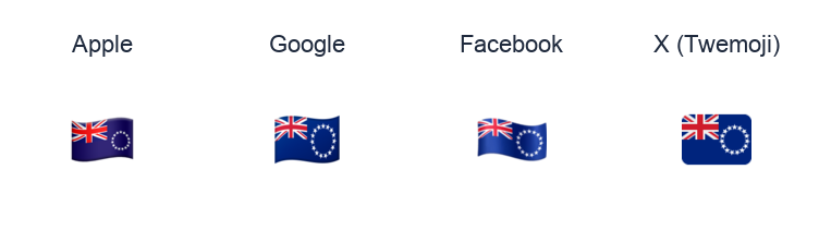Cook Islands Flag emoji artwork compared side by side for Apple, Google Noto, Facebook, and X Twemoji styles on white.