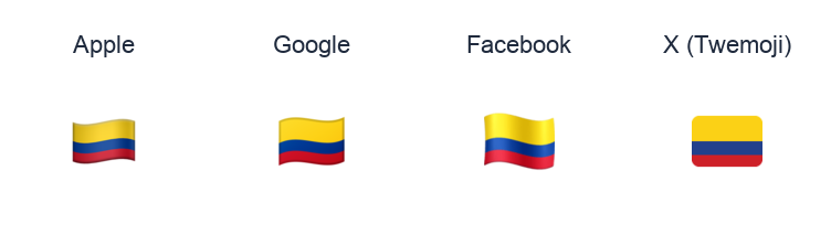 Colombia Flag emoji artwork compared side by side for Apple, Google Noto, Facebook, and X Twemoji styles on white.