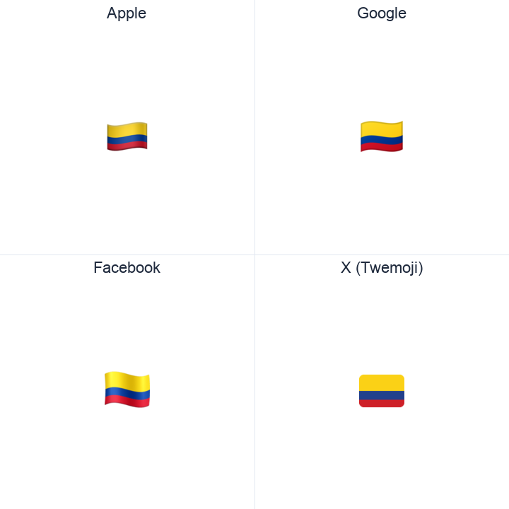 Colombia Flag emoji in a square grid: Apple and Google on the top row, Facebook and X Twemoji on the bottom, on white.