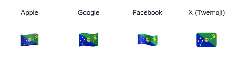 Christmas Island Flag emoji artwork compared side by side for Apple, Google Noto, Facebook, and X Twemoji styles on white.