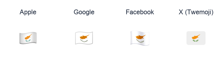Cyprus Flag emoji artwork compared side by side for Apple, Google Noto, Facebook, and X Twemoji styles on white.