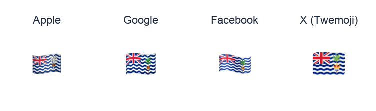 Diego Garcia Flag emoji artwork compared side by side for Apple, Google Noto, Facebook, and X Twemoji styles on white.