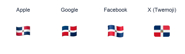 Dominican Republic Flag emoji artwork compared side by side for Apple, Google Noto, Facebook, and X Twemoji styles on white.