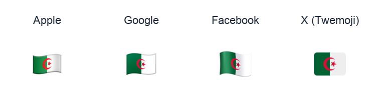 Algeria Flag emoji artwork compared side by side for Apple, Google Noto, Facebook, and X Twemoji styles on white.