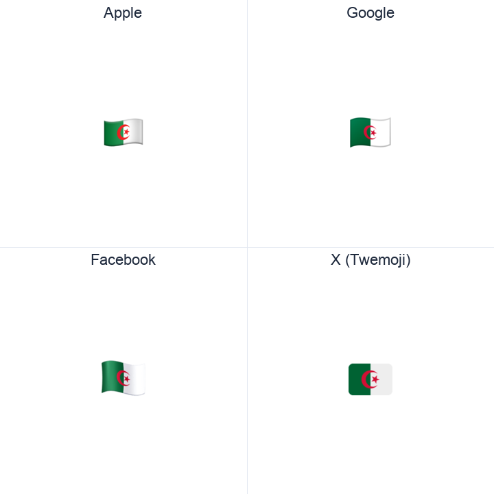 Algeria Flag emoji in a square grid: Apple and Google on the top row, Facebook and X Twemoji on the bottom, on white.