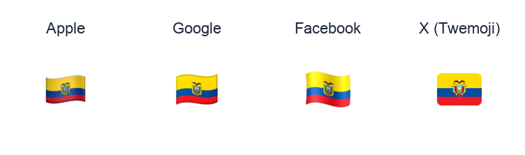 Ecuador Flag emoji artwork compared side by side for Apple, Google Noto, Facebook, and X Twemoji styles on white.