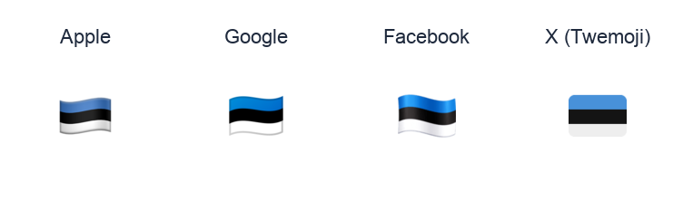 Estonia Flag emoji artwork compared side by side for Apple, Google Noto, Facebook, and X Twemoji styles on white.