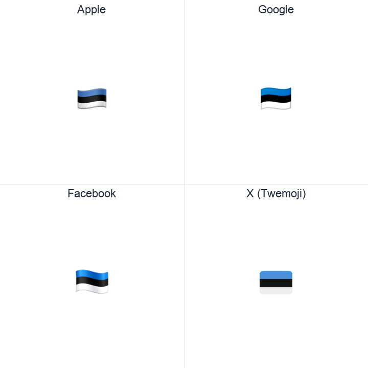 Estonia Flag emoji in a square grid: Apple and Google on the top row, Facebook and X Twemoji on the bottom, on white.