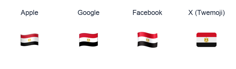 Egypt Flag emoji artwork compared side by side for Apple, Google Noto, Facebook, and X Twemoji styles on white.